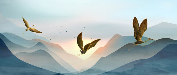 Fototapeta na wymiar luxury art backdrop featuring cranes against a backdrop of mountains and sunshine. Natural banner for decor, wallpaper, prints, posters, textiles, interiors, and packaging.