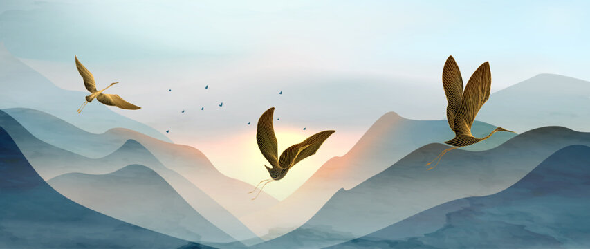 luxury art backdrop featuring cranes against a backdrop of mountains and sunshine. Natural banner for decor, wallpaper, prints, posters, textiles, interiors, and packaging.