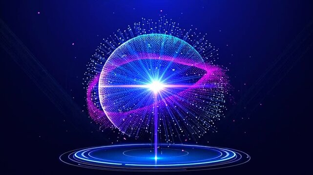 Vibrant purple and blue glowing orb emits light on a circular platform in space