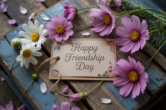 Friendship day greeting with cosmos and daisy flowers on rustic wood