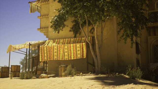 drying rugs on sunlit adobe facade bright patterned textiles strung across balcony, warm light, sandy foreground, small wooden stools, rustic crates, timeless