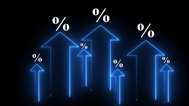Interest rate increase concept. Businessman use a Neon up arrow with percentage symbols and upward arrows, symbolizing rising interest rates.
