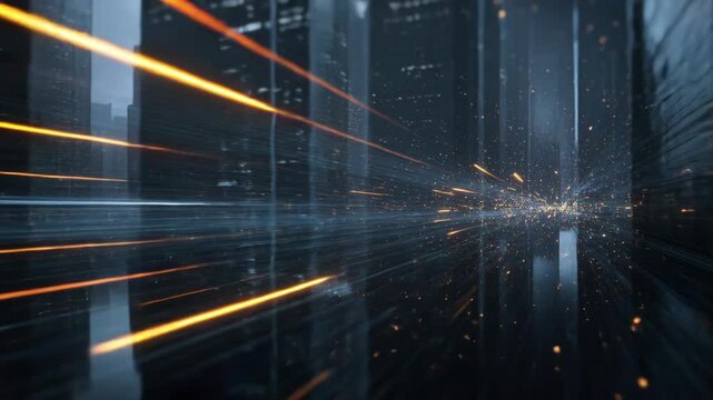Dynamic technological abstract background with fast moving light trails, illustrating concepts of digital acceleration, data flow, electric energy, and modern network connectivity across a dark, futur