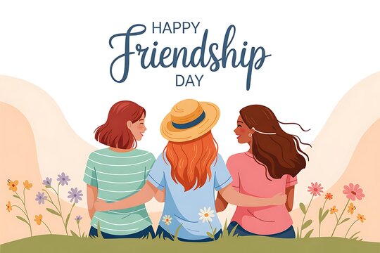 Happy friendship day illustration three women friends embracing outdoors