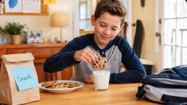 School boy dunking a cookie into milk after school