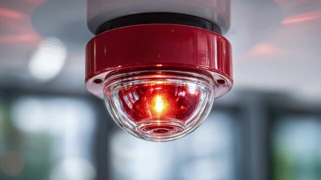 Close-up view of a vibrant red warning beacon with a clear dome, emitting a bright alert light, securely mounted on a ceiling, against a softly blurred background, highlighting safety and security sys