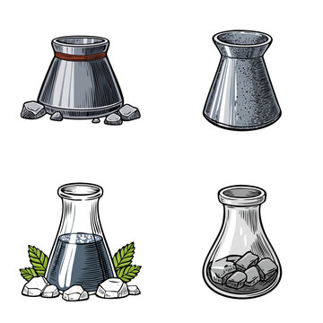 Set of four vintage laboratory flasks and beakers with stones and leaves
