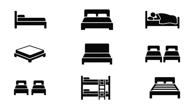 Minimalist vector illustration set featuring various black bed icons for modern furniture and hotel design