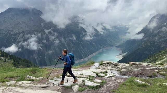 Hiking with a child at Olpererhuette in Austria with views of the valley and mountains