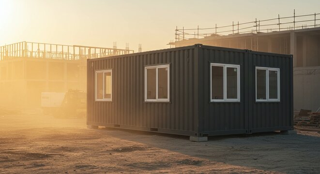 A temporary office container on a construction site at sunset, with other buildings in the background. Concept of construction site management and modular building.