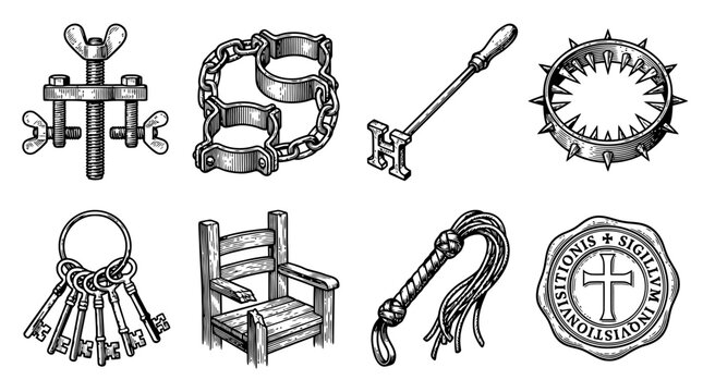 Set of Medieval Torture and Confinement Instruments Engraving Illustration