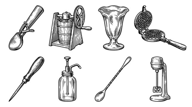 Vintage Ice Cream Making Tools and Utensils Collection Hand Drawn Vector Illustration
