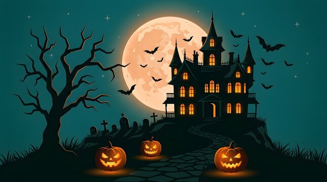 Happy halloween spooky castle with jack o' lanterns and full moon vector illustration