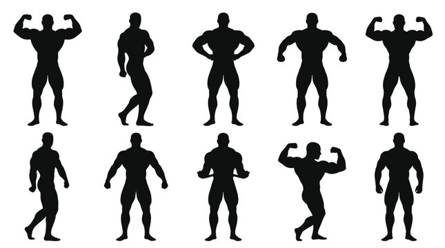 Detailed black vector illustration set of muscular male bodybuilder silhouettes performing various professional posing routines