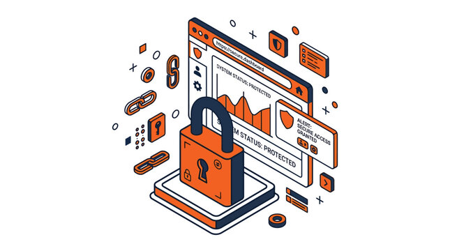 Detailed isometric vector illustration showing a digital padlock protecting a secure website dashboard interface design element