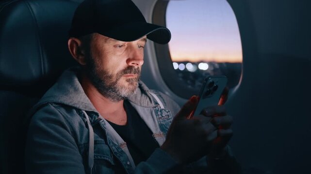 Middle-aged man with gray beard wearing black cap and denim jacket sits in airplane cabin using smartphone. Aircraft prepares for takeoff with sunset light glowing through window and bokeh city.