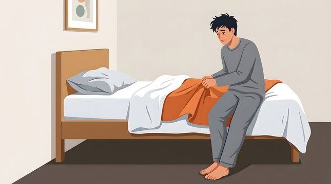 Sadness of Solitude: A lone man in pajamas sits dejectedly on the edge of his bed, pulling an orange blanket over himself, conveying a sense of loneliness and melancholy within his bedroom.