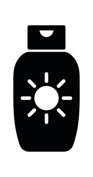 Sunscreen bottle icon. Sun protection, SPF, lotion, sunblock, skincare, beach. UV safety, summer care, travel size. Flat vector illustration isolated on white background.