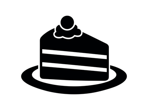Cake slice icon. Slice, dessert, pastry, cream, cherry, layered filling, plate, frosting, bakery, sweet treat. Flat vector illustration isolated on white background.