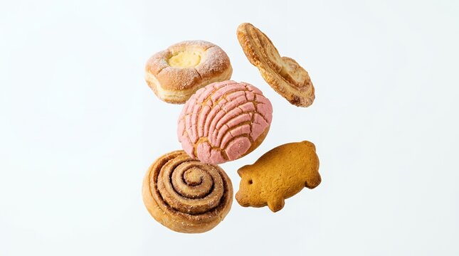 Assorted Traditional Mexican Sweet Bread Pan Dulce Concha Oreja and Puerquito Cookies Floating on White
