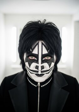 Portrait Of A Person Wearing Black And White Kiss Inspired Face Paint And Wig