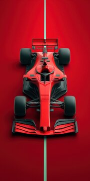 High angle top view of a red professional racing car centered on a vibrant red background with a thin teal line running vertically through the composition.