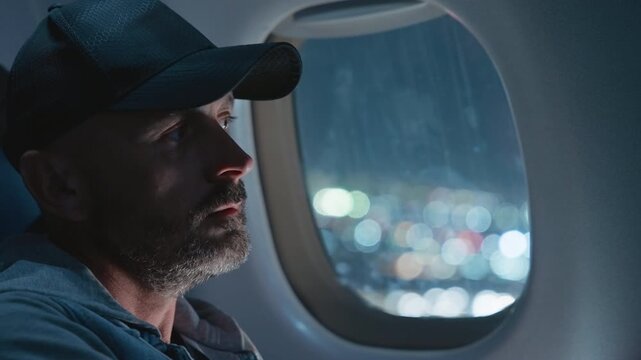 Middle-aged bearded man wearing dark baseball cap sits in airplane cabin looking pensively through oval window at bokeh city lights during nighttime flight, rain droplets visible on glass pane.