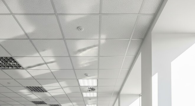 Modern suspended drop ceiling with acoustic tiles and integrated lighting in a contemporary office hallway, offering ample copy space