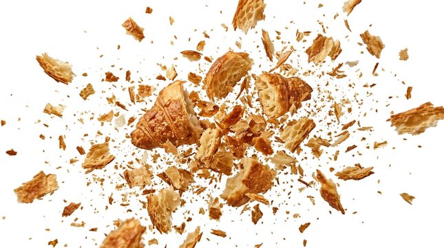 Freshly Baked Golden Butter Croissant Exploding into Crispy Pieces and Flakes Isolated on a Clean White Background