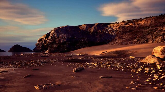 Closeup pebble field with warm highlights, detailed textures of stones and wet sand reflecting amber sky, subtle waves on horizon, rich contrast suited