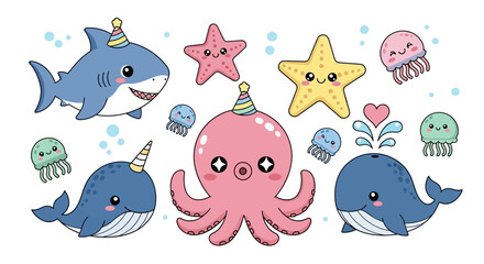 Adorable cartoon sea animals celebrate an underwater party with festive hats. © Putiagna