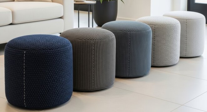 Row of upholstered ottomans in various textures and colors, arranged for modern home decor and furniture display
