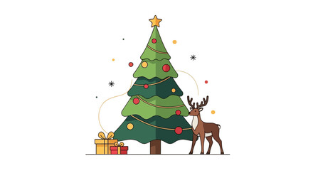 Naklejka premium Festive Christmas Tree with Reindeer and Gifts Illustration