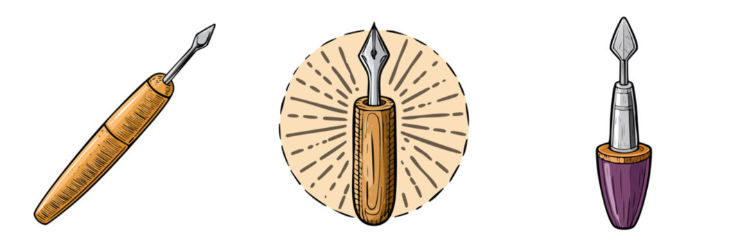 Set of calligraphy pens and drawing tools with wooden and purple handles for artistic creation