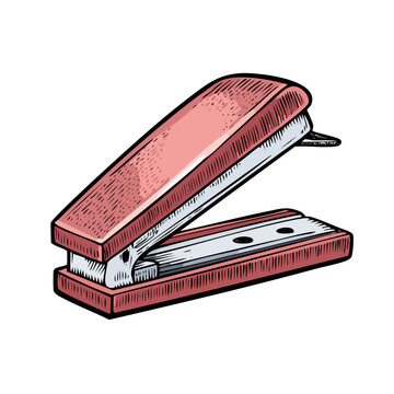 Retro style illustration of an open pink office stapler stationery item