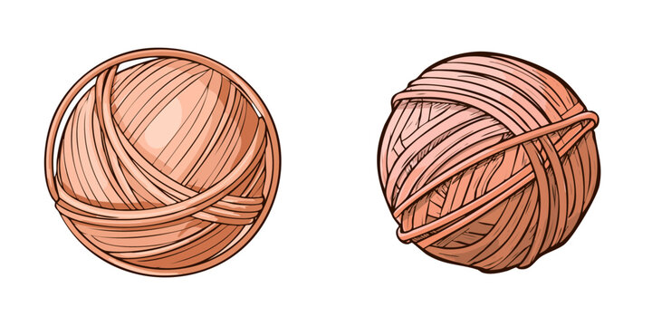 Two round balls of tightly wound rubber bands in a light brown hue with a sketch art style