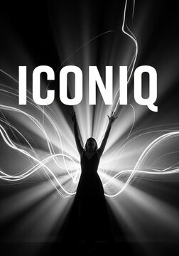 Silhouette Of A Woman Raising Her Hands With Glowing Rays And Text Iconiq Behind