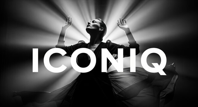 Monochrome Portrait Of A Dancing Woman Enveloped In Dynamic Light Rays With Iconiq Text