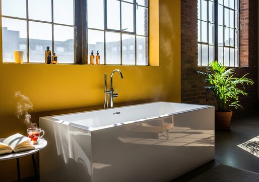 Modern freestanding bathtub in a sunlit bathroom with a cup of tea and an open book