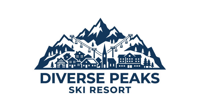 Mountain range and ski lift logo for winter resort.