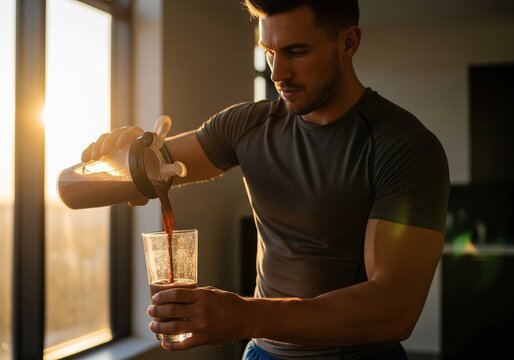 Fit man pouring protein shake from shaker into glass at sunrise