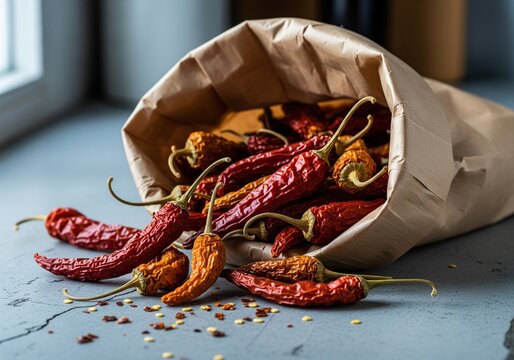 Dried red chili peppers spilling from a paper bag onto a textured surface