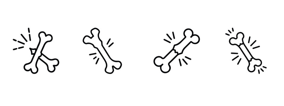Bone fracture and orthopedic line icons set with broken cross bones, painful aching joint, cracked skeleton trauma & more vector illustration with editable stroke.
