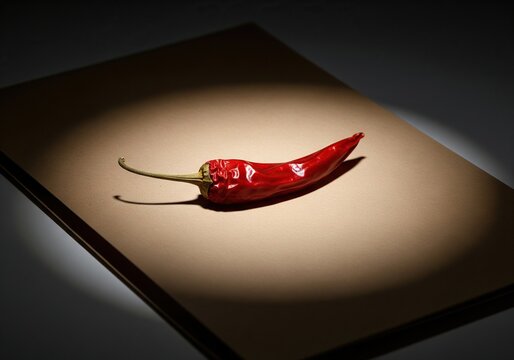 A single dried red chili pepper casting a dramatic shadow on a textured surface