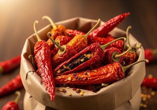 Close-up of dried red chili peppers spilling from a paper bag in natural light