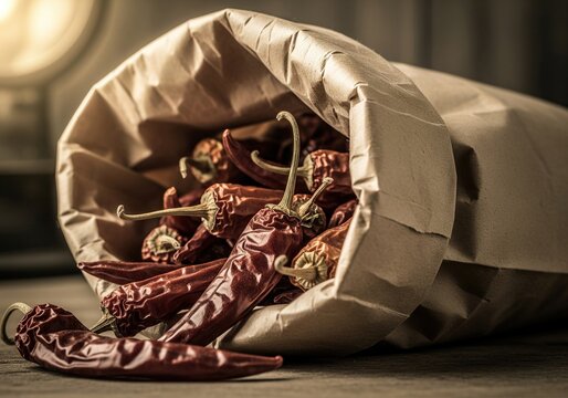 Bag of dried red chili peppers spilling onto a wooden surface, dramatic lighting