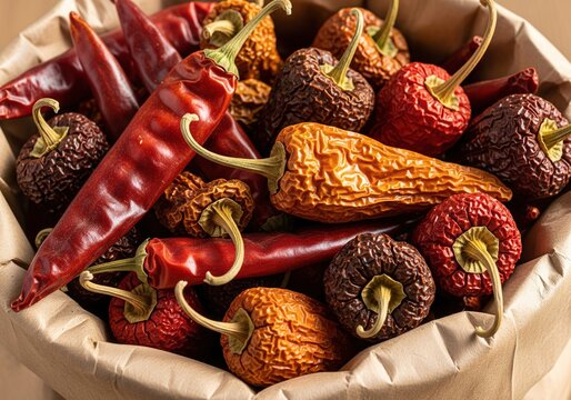 A rustic bag overflows with a variety of dried chili peppers, showcasing vibrant reds and earthy browns