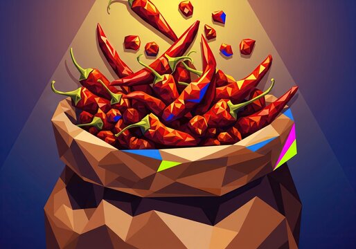 A bag overflowing with vibrant, stylized red chili peppers under dramatic lighting