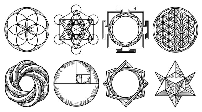Sacred Geometry Symbols Set featuring Flower of Life, Metatron's Cube, Golden Ratio Spiral and Merkaba Line Art Icons
