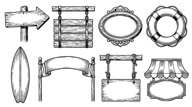 Set of hand-drawn vintage nautical and beach-themed wooden signs, frames, surfboard, lifebuoy, and banners in engraving style